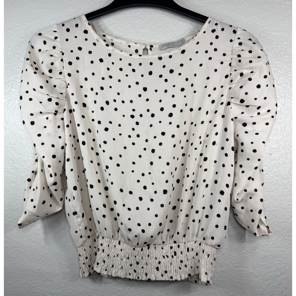 Paper Crane Ivory Black Polka Dot‎  Cut-Out Back Smocked Hem Blouse Size M